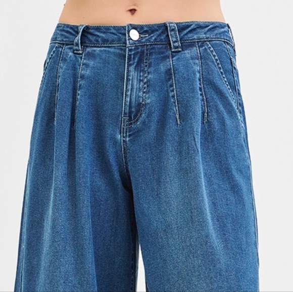 RISEN Palazzo Baggy Mid-Rise Pleated Ultra Wide Oversized Leg Jeans Denim Pants - Picture 3 of 16